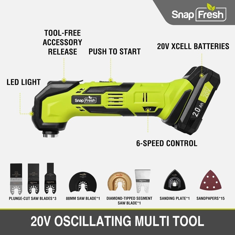 SnapFresh أداة متعددة الاهتزازات لاسلكية، مجموعة أدوات DIY 20V، 6 سرعات، زاوية اهتزاز 3.2°، قفل سريع قابل للتبديل، 24 قطعة ملحقات، بطارية وشاحن سريع، للتجريف، شفرات الصنفرة، القطع - Image 5